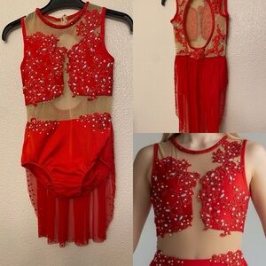 Custom Glamorous solo dance costume red mesh rhinestone embellished lyrical LC